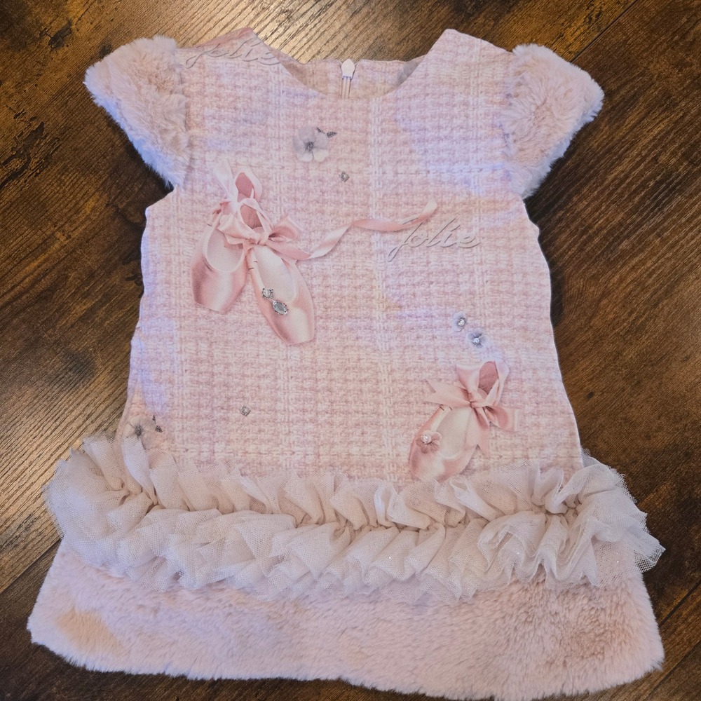 Lapin House‎ Girls Pink Tweed Ballerina Dress Faux Fur Tulle 18M 202E3219